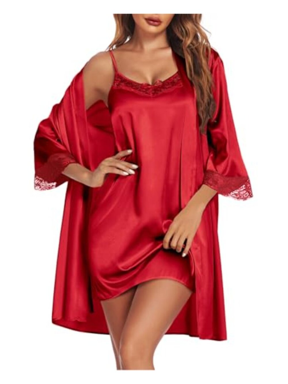 Satin Lace Cami Nightgown & Robe Set 2 Piece Sleepwear